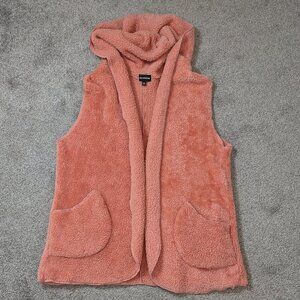 ZENANA OUTFITTERS Peach Pink Sherpa Sleeveless Open Hooded Jacket; Size XL